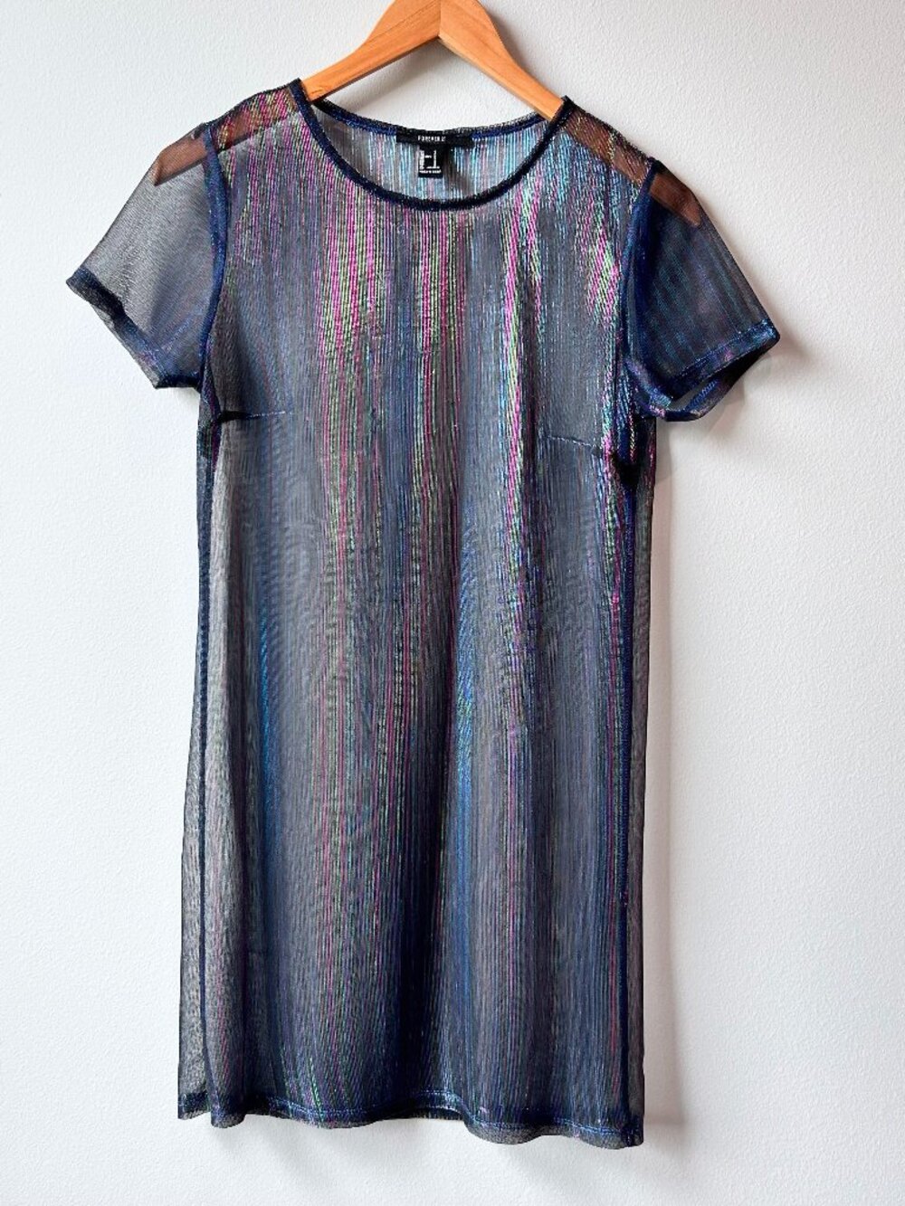 Forever 21 Iridescent Metallic Mesh Sheer Short Sleeve T-Shirt Dress Women's S
